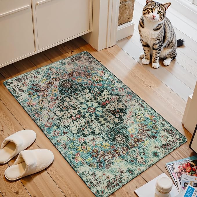 Lahome Boho Bohemian Area Rug - 2x3 Small Washable Bathroom Entryway Kitchen Rug,Floral Medallion Non Slip Pet Friendly Vintage Throw Carpet for Indoor Front Door Sink Living Room Bedroom,Teal