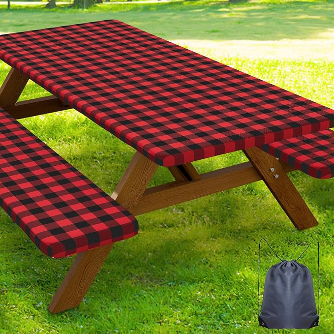 Smiry Picnic Table Cover with Bench Covers, Waterproof Elastic Fitted Tablecloths for 8 Foot Rectangle Tables, Washable Buffalo Plaid Tablecloth for Camping, Outdoor & Christmas (Black & Red, 30"x96")