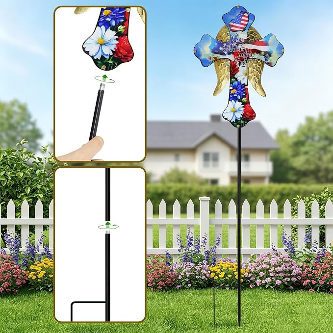 33.5" Independence Day Solar Cross Garden Stake – Angel Wing Memorial Light, IP65 Waterproof Cemetery Decor for Graves, Outdoor Yard Art for Fourth of July, Easter, Patio – Sympathy Gift
