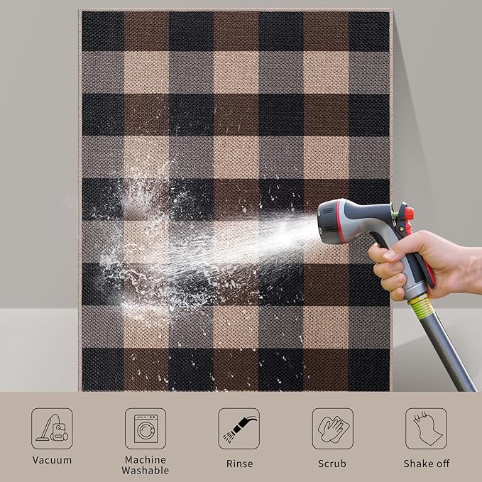 Tangsoo Checkered Easy Jute Rug 5x7 Large Washable Area Rug for Dining Room,Non-Slip Black Brown Indoor Outdoor Rug,Modern Thin Mat Outdoor Carpet for Living Room Bedroom Patio