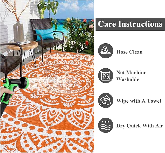 Bsmathom Waterproof Outdoor Rug 6'x9' Reversible Boho Plastic Straw Patio Deck Camping Rugs, Indoor Outdoor Portable RV Mat Clearance Carpet for Outside, Porch, Balcony, Backyard, Beach, Pool,Orange