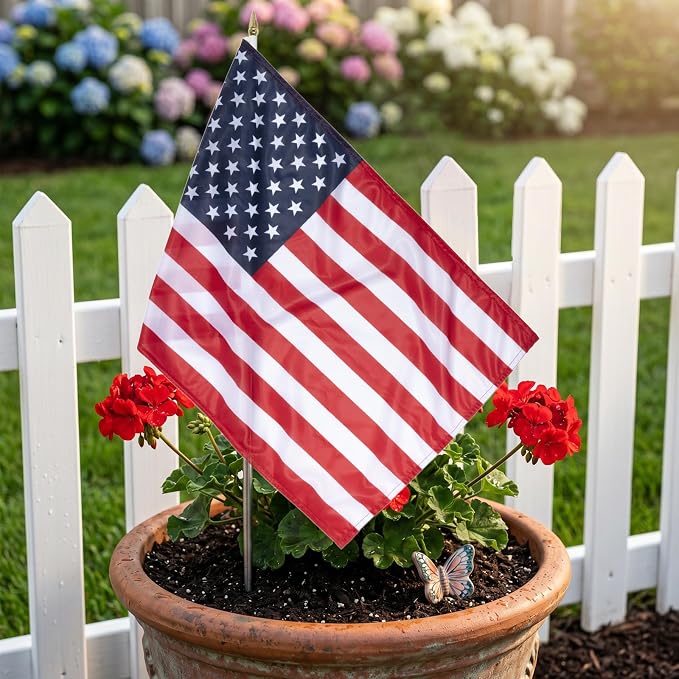 Bradford Small American Flag on Stick 6 Pcs 12x18 inch for 250th Anniversary Decorations, Heavy Duty Hand Held Handheld US USA Flags with Retractable Pole for 4th of July Outside Yard Garden