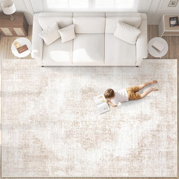 Area Rug 9x12 Vintage Rugs: Large Washable Living Room Rug Retro Medallion Distressed Soft Low Pile Non-Slip Rugs Indoor Floor Carpet for Bedroom Dining Table Office (Beige,9'x12')