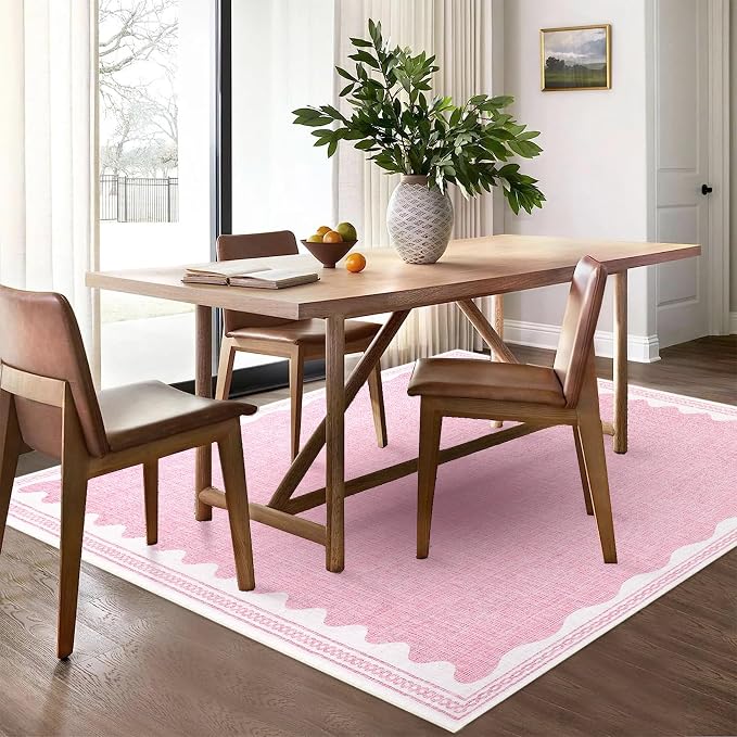 5x7 Scalloped Area Rugs Pink Washable Living Room Bedroom Rug | Solid Tan Rug for Bedroom Girls, Non Slip Throw Carpet With Rubber Back, Soft Dorm Nursery Scalloped Rugs for Dining Room