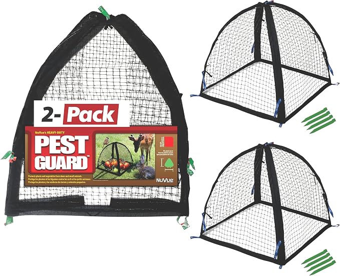NuVue Products 32103 Pop-Up Garden Netting Pest Guard Covers with Ground Spikes, Mesh Plant Cover Tents for Pest and Animal Control, Pack of 2, Black, 36" x 36" x 38"