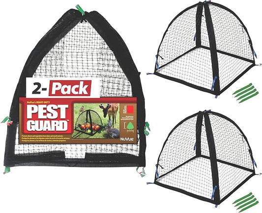NuVue Products 32103 Pop-Up Garden Netting Pest Guard Covers with Ground Spikes, Mesh Plant Cover Tents for Pest and Animal Control, Pack of 2, Black, 36" x 36" x 38"