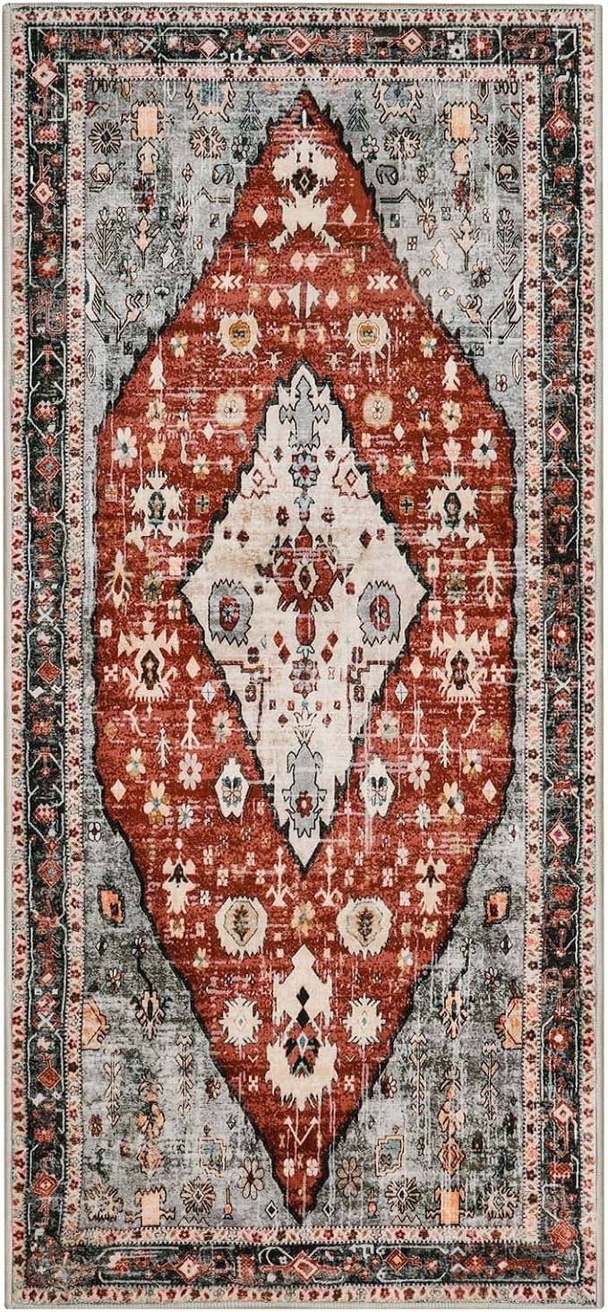 Lahome Felice Boho Tribal Runner Rug - 2x4.3 Red Washable Kitchen Rug Soft Bedroom Mat, Non Slip Kid Pet Friendly Long Bathroom Carpet Runner for Front Door Hallway Foyer Powder Room Vanity
