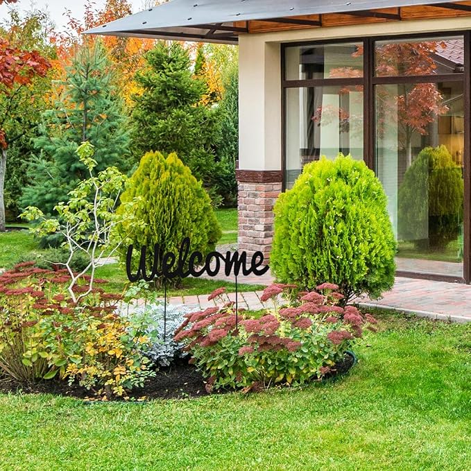 Metal Letter Welcome Yard Sign with Stake Outdoor Decorations Garden Lawn Front Porch Outside Letter Yard Sign Garden Stake Decor (Welcome)