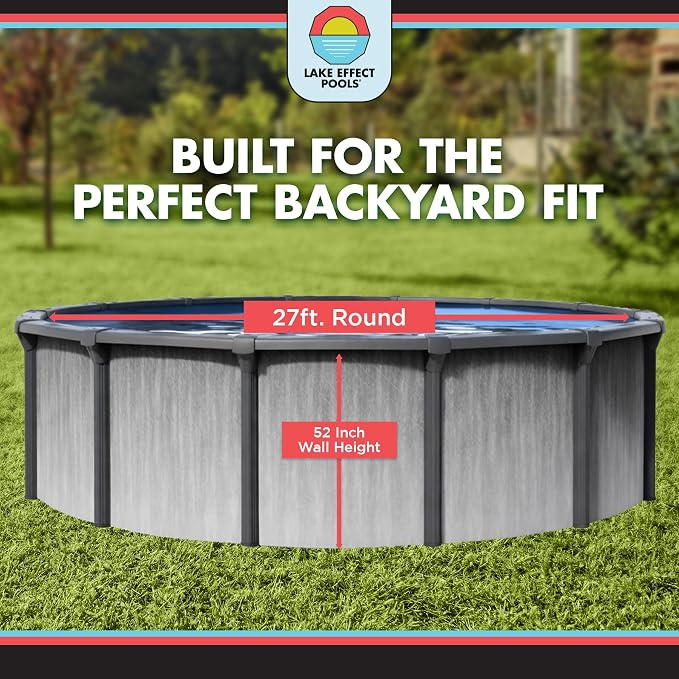 Lake Effect Pools 'Lanai' 27 ft Round Above Ground Swimming Pool | 52 Inch Resin Protected Steel Sided Walls | Bundle Includes: 25 Gauge Overlap Liner & Widemouth Skimmer