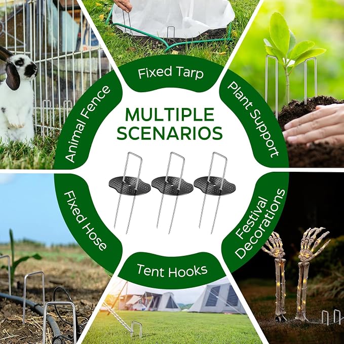 200 Pcs Garden Stakes Landscape Staples Set, 6 Inch 11 Gauge Heavy Duty Galvanized 100 U-Shaped Pins with 100 Gaskets for Weed Barrier Fabric, Grass Sod, Artificial Turf & Yard Landscaping