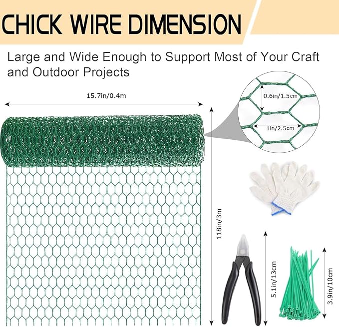 Chicken Wire 15.7in x 118in with a Pair of Gloves，1 Wire Cutter，50 Pcs Cable Zip Ties, Floral Chicken Wire Mesh 0.8in Hexagonal Galvanized PVC Coated Garden Netting Fence for Craft Poultry Garden