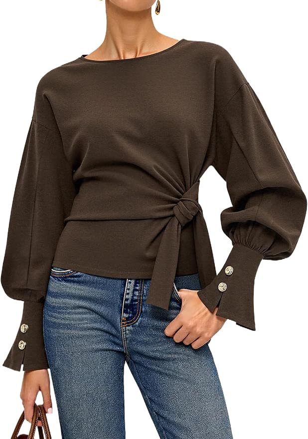 Dsewpaur Twist Knot Tie Front Sweatshirt Tops For Women Long Balloon Sleeve Crew Neck Pullover Casual Fall Outfits