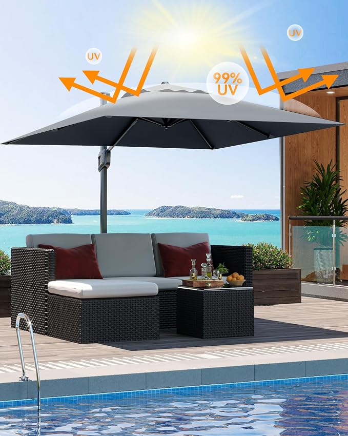 PeakPursuit 10' x 10' Square Cantilever Umbrella - Heavy Duty Aluminum Patio Sun Shade Offset Umbrella with 360-Degree Rotation for Outdoor Decor, Backyard, Deck, Pool