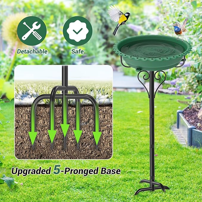 40In Bird Bath for Outside,Freestanding Birdbath & Birdfeeder with Metal Stake,Vintage Birdbaths Water Bowl with 5 Prongs Base for Outdoor Garden Yard Decor (Green)