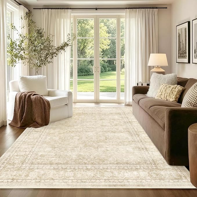 4x6 Ft Area Rugs for Living Room, Soft Non-Slip Machine Washable Rug, Vintage Stain Resistant Carpets for Bedroom Nursery Dining Room Home Decor (Beige)