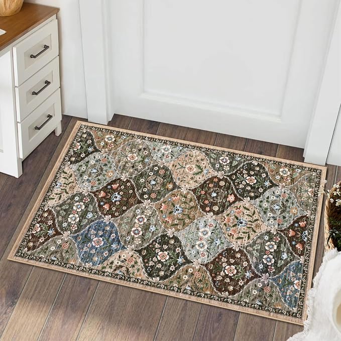 ROYHOME Small Rug Trellis Non-Slip Washable Area Rug Doormat 2' x 3' | Stain Resistant Entryway Rug Distressed Floral Floor Cover for Indoor Front Entrance Kitchen Bathroom, Taupe/Brown