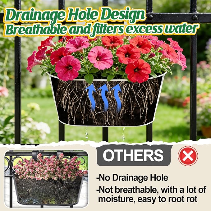 MADHOLLY Railing Planter with Drainage Holes - Sturdy Bucket Pots for Railing Fence, Countryside Style Metal Flower Pots for Herbs Balcony Garden Yard Decor, 2Pcs, White