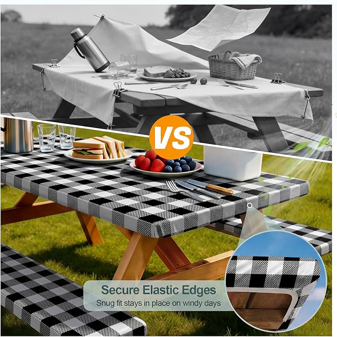 Play Tailor Picnic Table Cover with Bench Covers Camping Essentials Waterproof Windproof Camping Tablecloth with Drawstring Bag, Fitted Rectangle Tables and Seats, 72in, White Black Checkered