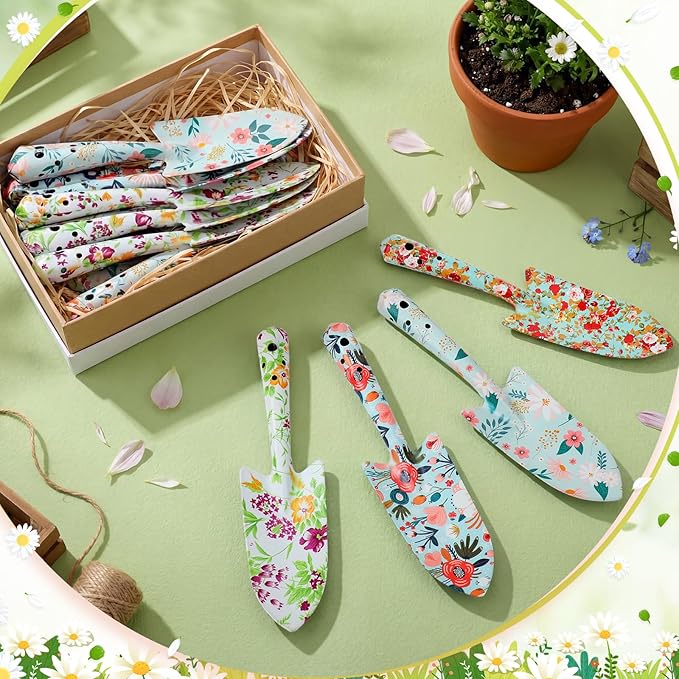 48 Pcs Floral Garden Shovels Bulk Gardening Gift for Women Heavy Duty Metal Garden Tools Floral Hand Shovel Planting for Summer Employees Birthday Thank You Gifts (Green Watercolor Flowers)