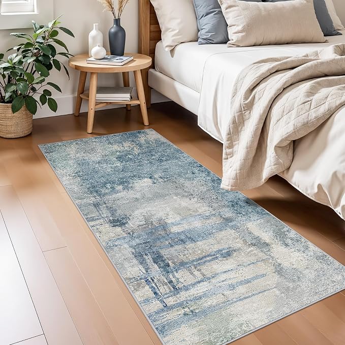 Modern Abstract Runner Rug 2x5: Washable Non Slip Hallway Runner Blue | for Entryway, Kitchen - Soft Low-Pile Carpet with Rubber Backing, Throw Rugs for High Traffic Areas 2x5 Blue