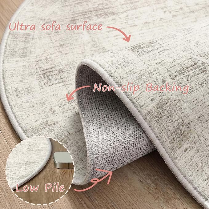 Latte&Fog 6ft Round Area Rug forBedroom Washable Circle Neutral Ivory Rug | Non Slip Low Pile Soft Floral Indoor Carpet for Living Room Kids Playroom Nursery Classroom Dorm Decor Dining Kitchen Office