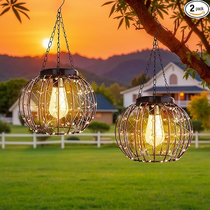 Hanging Solar Lanterns Outdoor Waterproof, Vintage Copper Hanging Lights, Solar Chandelier for Yard Garden Gazebo Pergola Porch Decor, 2 Pack