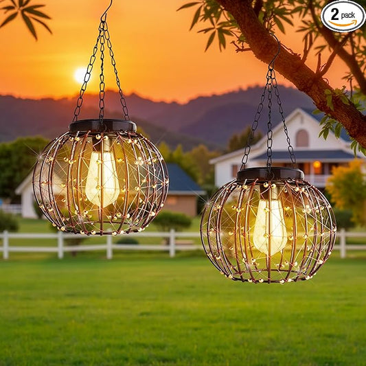 Hanging Solar Lanterns Outdoor Waterproof, Vintage Copper Hanging Lights, Solar Chandelier for Yard Garden Gazebo Pergola Porch Decor, 2 Pack