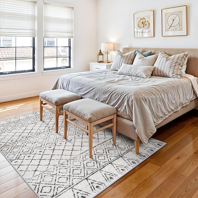 4x6 Moroccan Geometric Washable Runner:Boho Non Slip Area Rug Grey | Thin Low Pile Neutral Rugs - Modern Distressed Soft Carpet for Living Room Dining Room Entryway Farmhouse Decor