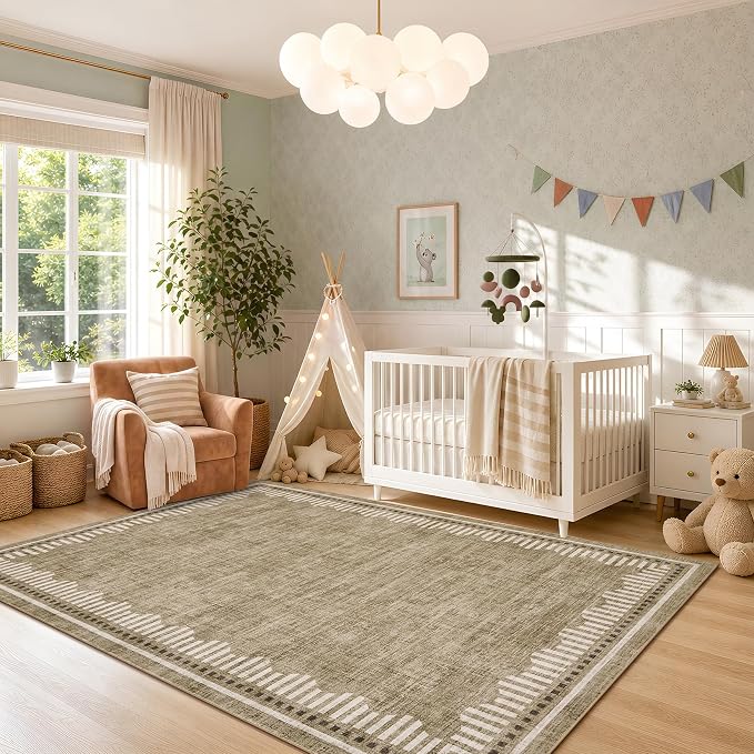 Garvee 4x6 Scalloped Area Rugs Living Room Bedroom Washable Neutral Rug | Modern Gometric Taupe Solid Color Nursery Rugs Low Pile Stain Resistant Non Slip Kitchen Entry Home Office Throw Carpet