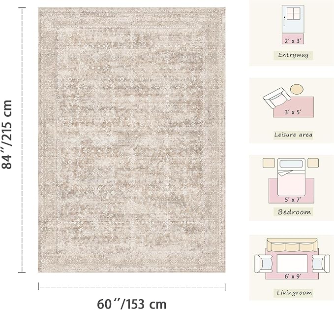 Latte&Fog 5x7 Beige Rug for Living Room，Washable Area Rugs for Bedroom | Non Slip Low Pile Soft Floral Carpet for Dining Kitchen Kids Playroom Nursery Guest Room Classroom Dorm Farmhouse Office
