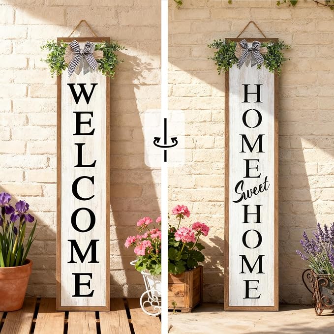 Welcome Sign for Front porch Standing 45"X9" Double-Sided Wood Frame Outdoor Tall Welcome Signs Vertical Decor for Farmhouse Rustic Home Modern Outside Front Door Wall Decorations