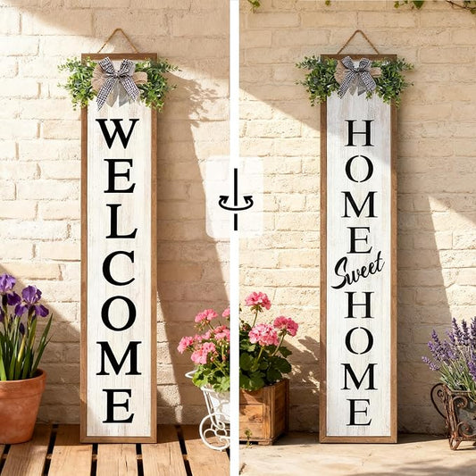 Welcome Sign for Front porch Standing 45"X9" Double-Sided Wood Frame Outdoor Tall Welcome Signs Vertical Decor for Farmhouse Rustic Home Modern Outside Front Door Wall Decorations