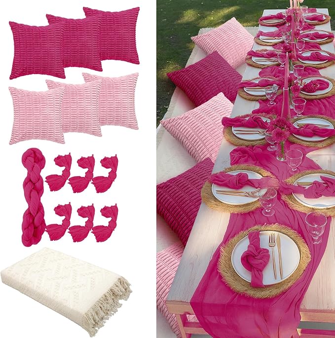 Beeveer 14 Pack Picnic Kit 91x71 Inch Extra Large Outdoor Boho Picnic Blanket with Girl Colors Table Runner, 6 Throw Pillow Cover 6 Napkin Woven Cotton Yarn Washable Beach Blanket for Camp Wedding