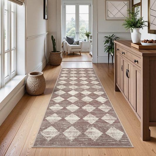 Checkered Runner Rug 2x8 Beige, Hallway Kitchen Bathroom Non Slip Washable