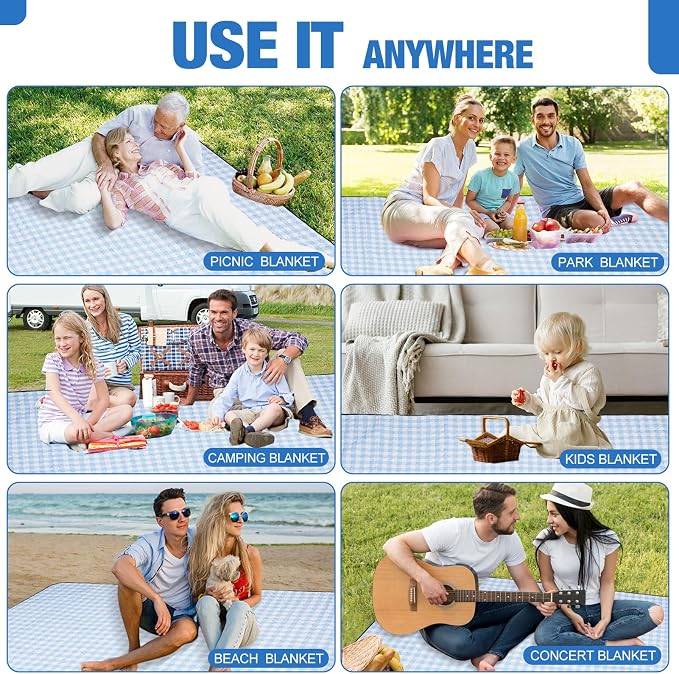 G GOOD GAIN Picnic Blankets Outdoor Extra Large - 80"x80" Portable Waterproof Picnic Blanket, Machine Washable 3-Layer Foldable Park Mat with Sandproof Backing for Grass, Hiking, Travel (Sky Blue)