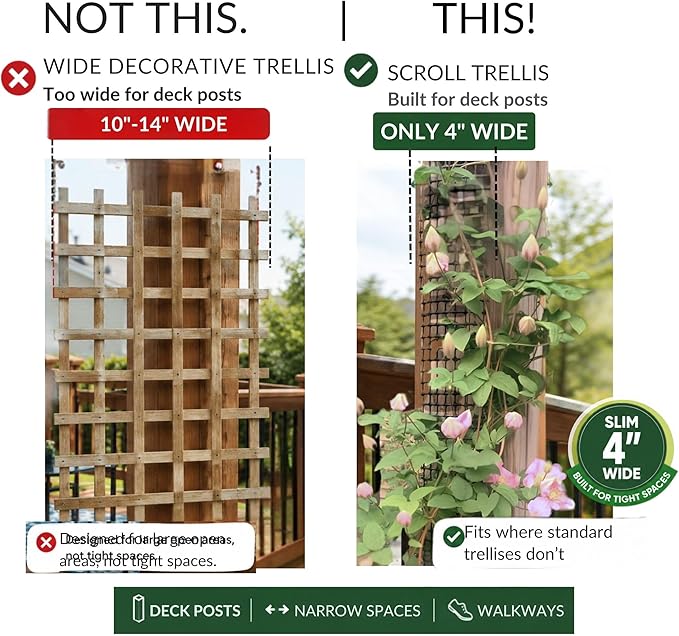 Deck Post Trellis for Clematis, 9 Ft x 4 in, 2 Pack, Scroll Trellis | Fits deck posts, porch columns and mailbox posts. Supports clematis and climbing vines in narrow spaces.