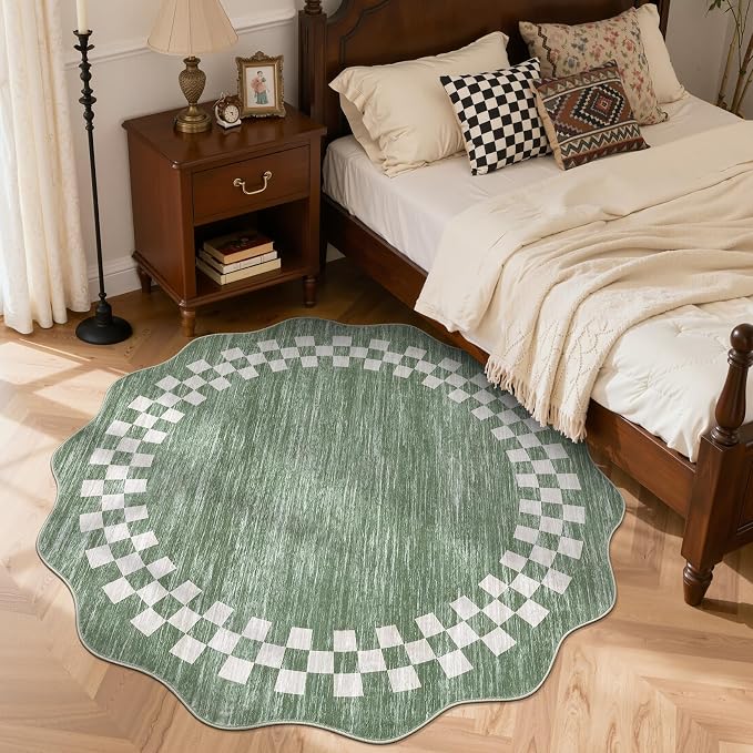 GarveeHome Scalloped Round Rug 4ft Washable Modern Solid Color Circle Rugs | Non Slip Low Pile Living Room Throw Carpat Washable Bedroom Scalloped Stain Resistant Bordered Round Rug for Kitchen, Green