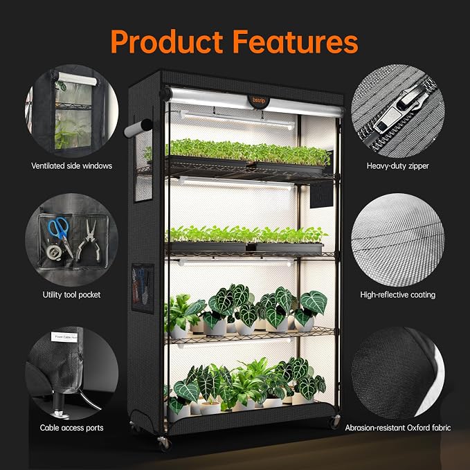 Bstrip Indoor Greenhouse with Grow Light, Plant Shelf with Oxford Fabric Grow Tent , Indoor Greenhouse Cabinet for Indoor Plant, Seed Starting, Seed Tray, 35.4"x13.8"x59"