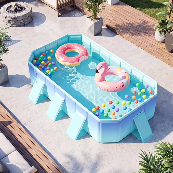 Goplus Foldable Non-Inflatable Swimming Pool, Portable Rectangle Around Ground Pool with 24 Hard Shell, Drain Hose, Outdoor Collapsible Kiddie Pool for Backyard Garden (Mint Green,88x50 in)