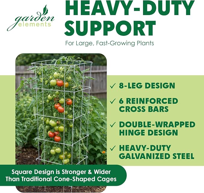 Garden Elements Square Tomato Cage, 48 Inch (Pack of 3) - Heavy Duty Galvanized Steel Plant Support, Collapsible Garden Trellis with 8-Leg Stability for Climbing Vegetables & Vines