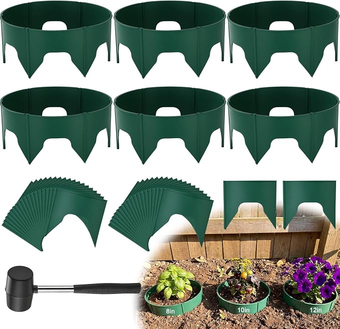 Ripeng 6 Pack 8-12 Inch Planting Grow Rings for Outdoor Plants Green Adjustable Planting Ring Interlocking Garden Ring with Rubber Mallet to Separate Rock Pest for Deep Watering Veggies Herbs Flowers