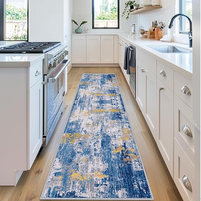 RELEANY Washable Runner 2'x6' Abstract Area Rug for Hallway Blue Gold | Carpet for Kitchen, Entryway, Bathroom, Living Room, Bedroom, Printed Pattern, Non‑Slip, Soft, Stain‑Resistant, Easy to Clean