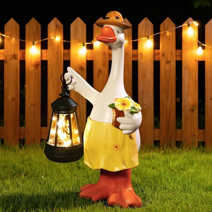 Goose Garden Statues Porch Goose Statues with Solar Lantern Summer Yard Lawn Front Porch Home Outdoor Decoration Duck Mother's Day Christmas Birthday Gifts for Mom Women
