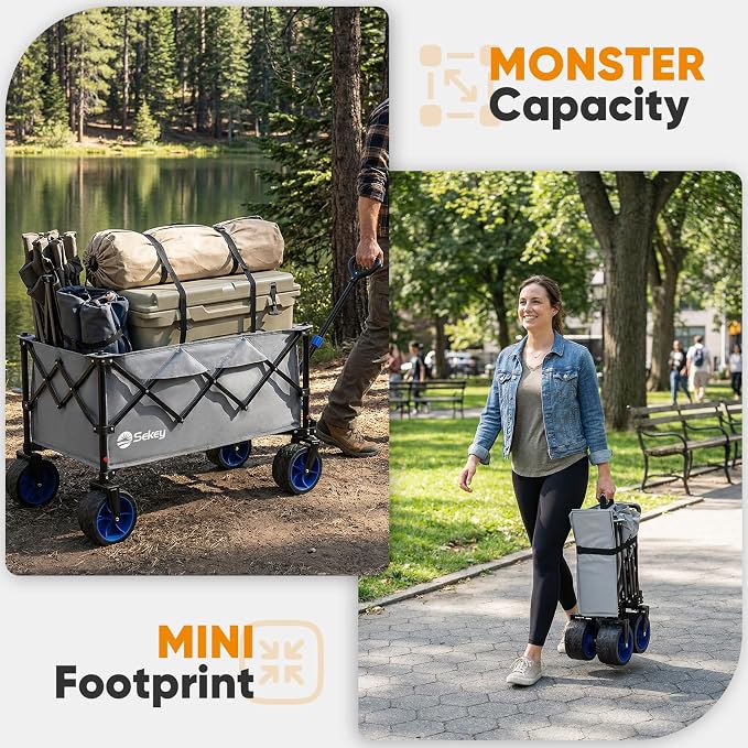 Sekey 250L Wagons Carts Foldable with Big All-Terrian Beach Wheels, Collapsible Heavy Duty Wagon, Extra Large Folding Wagon,Foldable Wagon for Camping, Garden, Sports. Gray