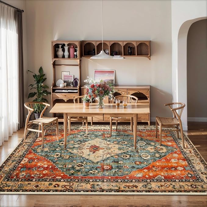 SERISSA 5x7 Washable Non Slip Boho Area Rug for Living Room | Ultra Soft Vintage Oriental Carpet Low-Pile Distressed Tribal Throw Carpet for Bedroom Dining Room Dorm Office Home Decor