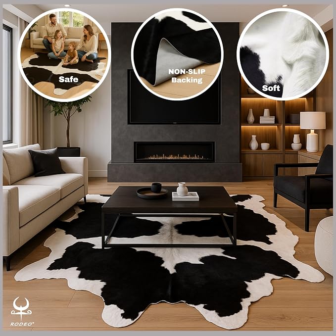 rodeo Genuine Cowhide Rug - Real Cow Hide Rug Large for Living Room & Bedroom - Western Rugs for a Natural Western Home Decor Ambiance - Rustic Cow Print Carpet Decor - 6x8 ft, Black and White