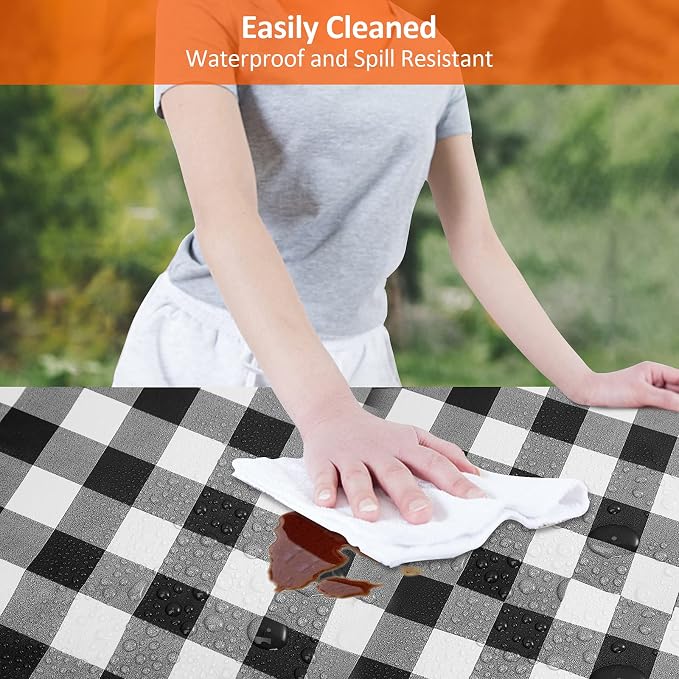8.5ft Picnic Table and Bench Cover, Camping Essentials RV Gear, 102 in Waterproof Windproof Outdoor Elastic All Around Tablecloth, Fitted Rectangle Tables and Seats, Black-White Checkered