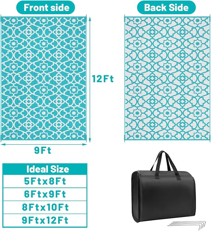 HEBE Outdoor Rug Waterproof 9x12, Plastic Straw Rug Camping Rug, Reversible Outdoor Patio Rugs RV Mat Clearance, Indoor Outside Floor Carpet for Porch,Deck,Camper,Balcony,Backyard