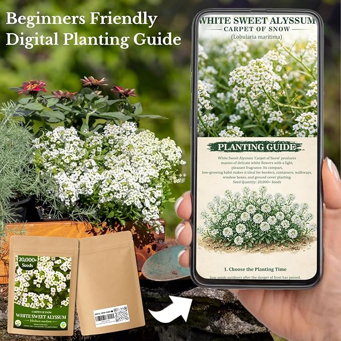 20,000+ White Sweet Alyssum Seeds for Planting - Pure White Carpet of Snow Flowers, Low-Growing Lobularia Maritima for Borders, Beds, Containers & Pollinator Gardens