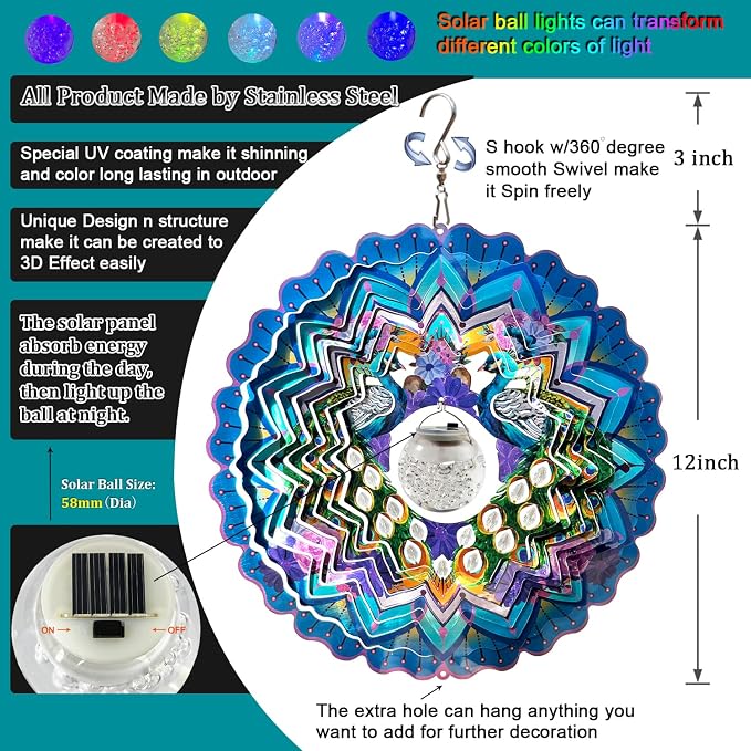 FONMY Solar Wind Spinner Mandala Peacock Christmas Decoration Worth Gift 3D Stainless Steel Hanging Wind Spinners Indoor/Outdoor Garden Décor Kinetic Yard Art 12 Inches Multi Blue Wind Sculpture